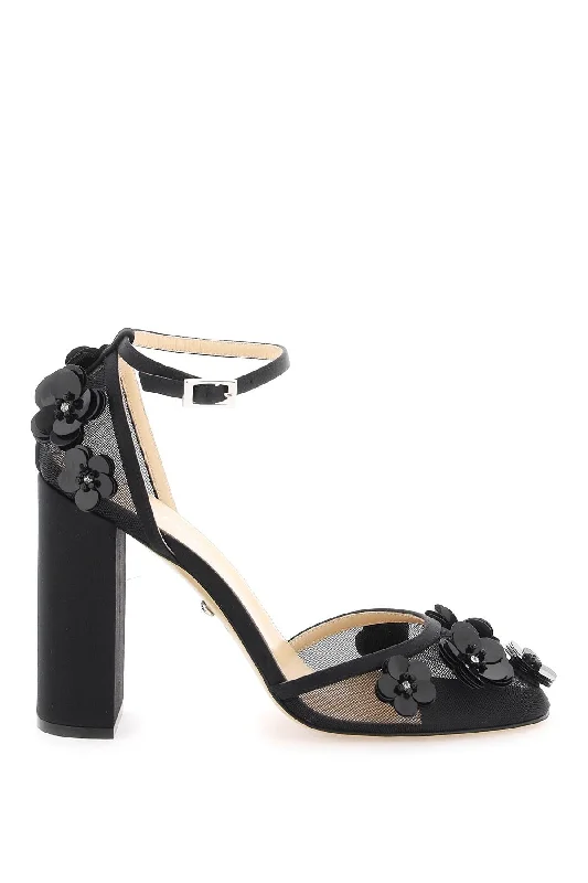 Mesh Décolleté With Sequin Flowers  - Black---Trendy Glitter Heels for a Glamorous Look