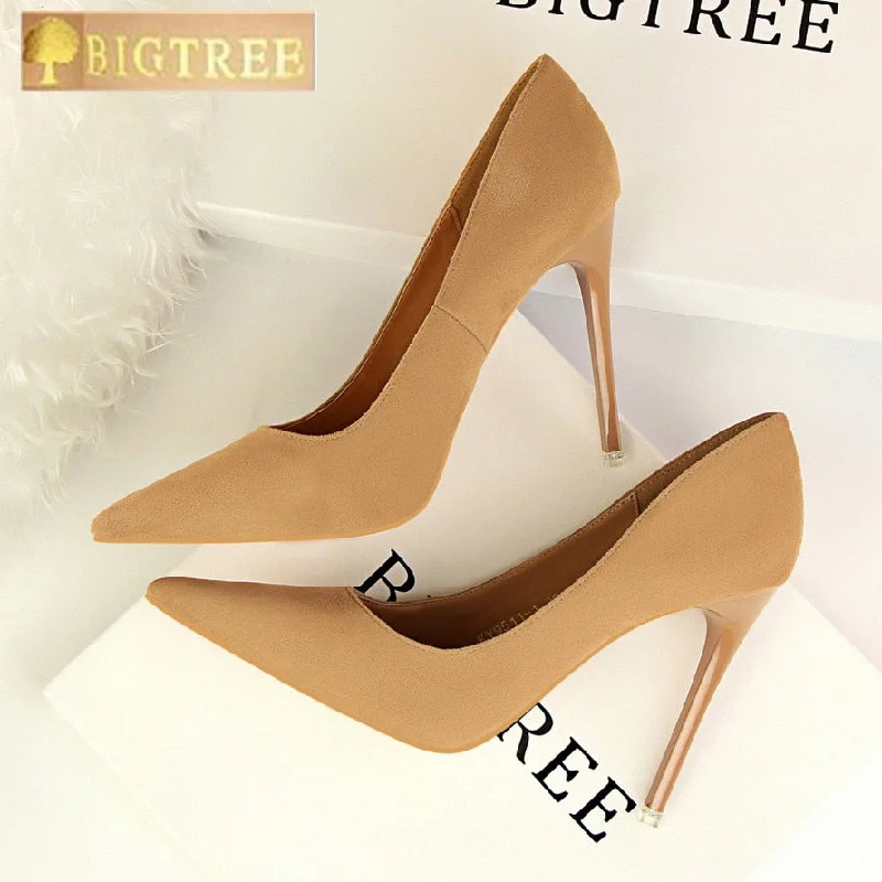 Stiletto Heel Pumps with Perfect Fit--5 Colors Concise Women's OL Office Shoes 2018 New Show Thin Women Pumps Solid Flock Pointed Toe Shallow Fashion High Heels Shoes-Fashionable & Classic