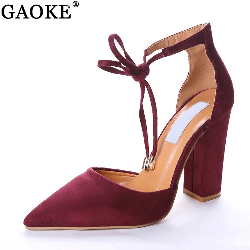 6 Colors Pointed Strappy Pumps Sexy Retro High Thick Heels Shoes 2108 New Woman Shoes Female Lace Up Shoes---Affordable Strappy Platform Heels with Premium Quality