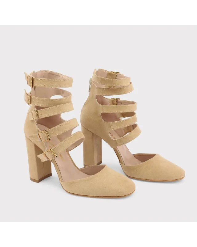 Stylish Ankle Strap Heels for Women--Made in Italia Women's Beige Ankle Strap Block Heel Suede Pumps