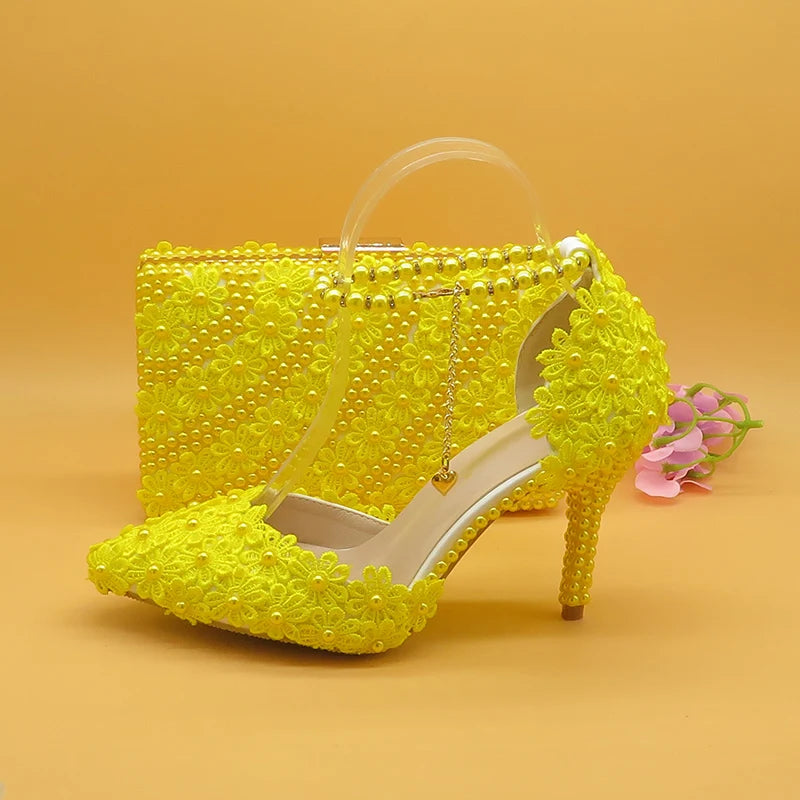 Stiletto Heel Pumps with Perfect Fit--7cm/9cm Yellow Flower Wedding Shoes With Matching Bags High Heels Pointed Toe-Fashionable & Classic