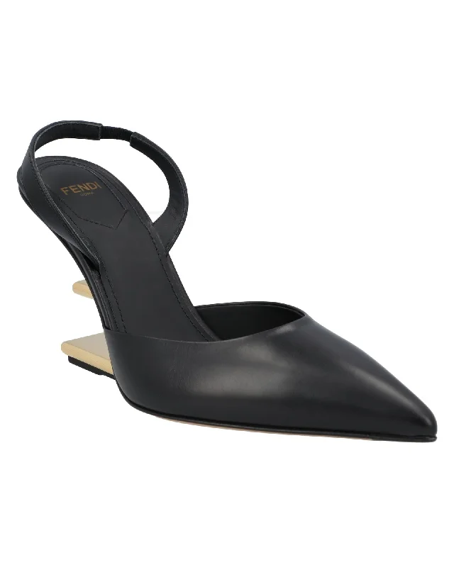 Black leather high-heeled slingbacks with sculpted gold-tone heel---Comfortable Leather Pumps for Office and Everyday Wear