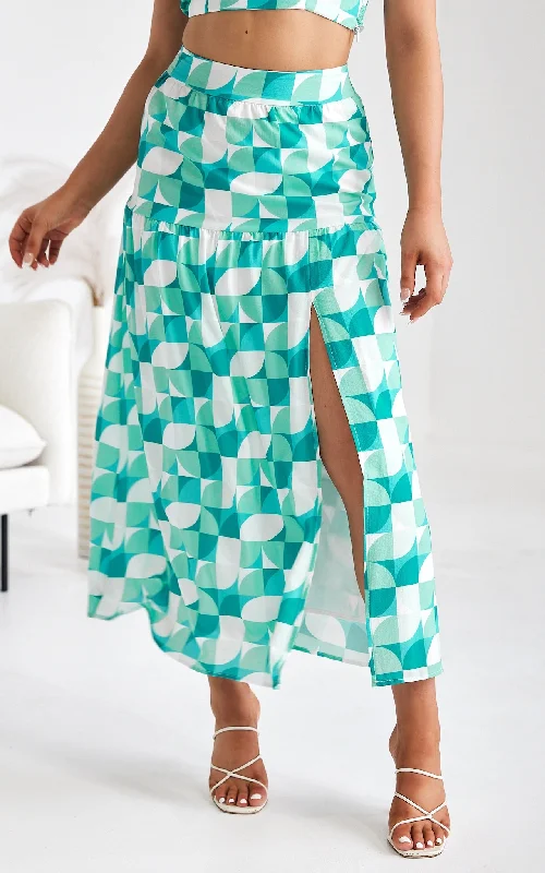 Women's denim skirts with leather details for edgy look -About Damn Time Maxi Skirt - Green Geometric Print Women's denim skirts with leather details for edgy look -About Damn Time Maxi Skirt - Green Geometric Print