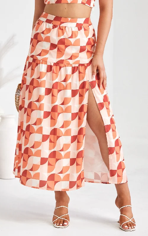 Women's denim skirts for spring picnics -About Damn Time Maxi Skirt - Orange Geometric Print Women's denim skirts for spring picnics -About Damn Time Maxi Skirt - Orange Geometric Print