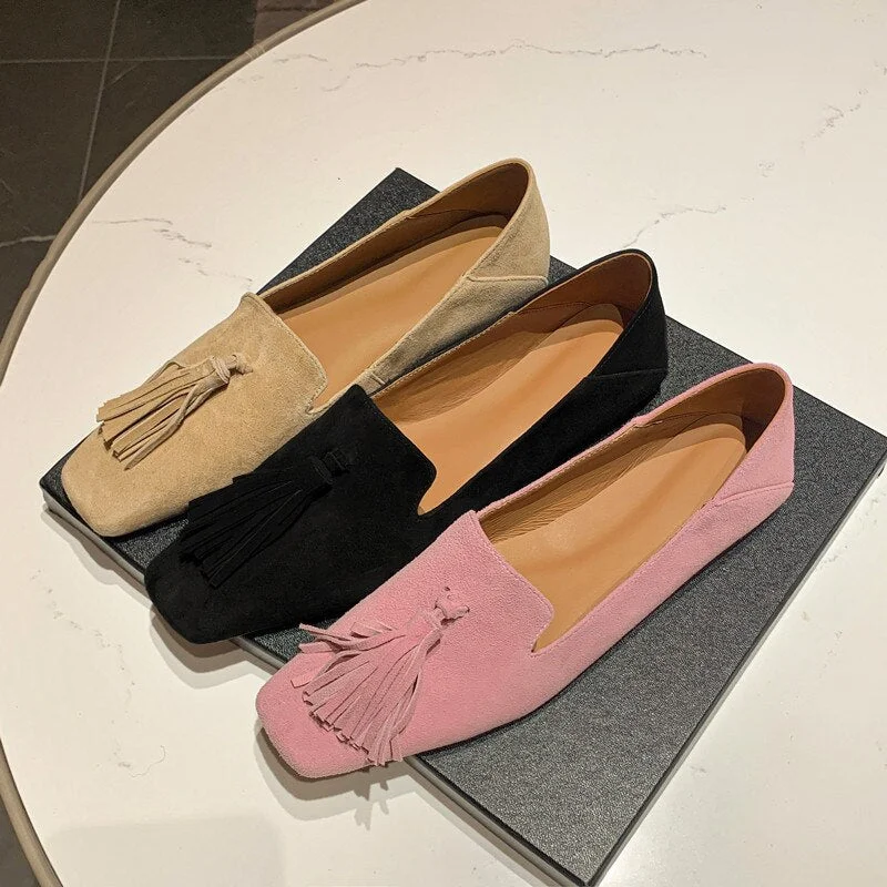 Affordable Suede Ankle Pumps for All-Day Wear--Advbridge 2023 new Spring women pumps natural leather 22-24.5cm length kid suede+cowhide+pigskin full leather Tassel flat sole shoes