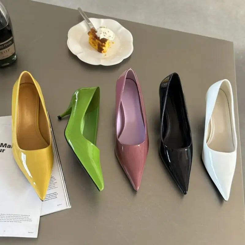 Sleek and Shiny Patent Pump Heels for a Polished Look--Advbridge  -  Fashion Patent Leather Women Pointed Toe Pumps Shallow Slip On Ladies Elegant  Party Thin Heel Shoes 2024 Spring Office Footwear