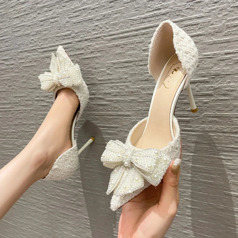 Advbridge Luxury Pearl Crystal Bowtie White Wedding Shoes Women 2024 Spring Brand Designer High Heels Pumps Woman Thin Heeled Party Shoes---Charming Bow Pumps for a Cute and Stylish Look