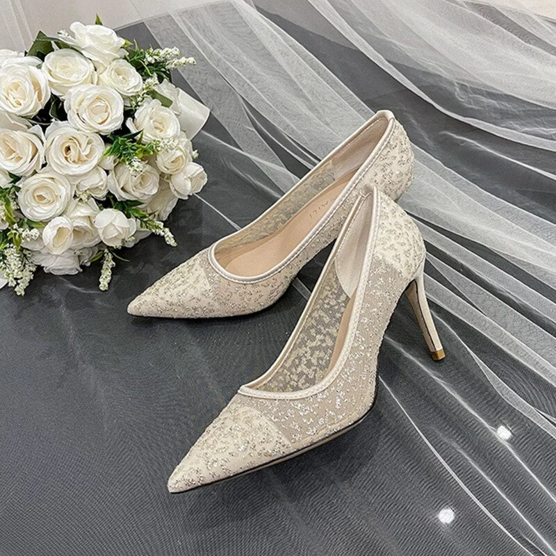 Versatile Dress Heels for Formal and Casual Wear---Advbridge Plus Size 41 Summer Pumps For Women Wedding Shoes Blingbling Bride Bridesmaid Mesh Pointed-Toe 8cm High Heels Female Party Shoes