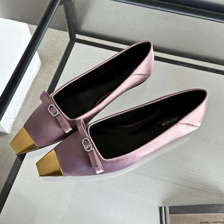 Advbridge  -  Satin Flat Shoes for Women Fashion Designer Office Shoes Comfy Bow Elegant Classic Pumps Metal Square Head Flat Shoes FemaleAffordable Satin Heels with a Luxe Touch