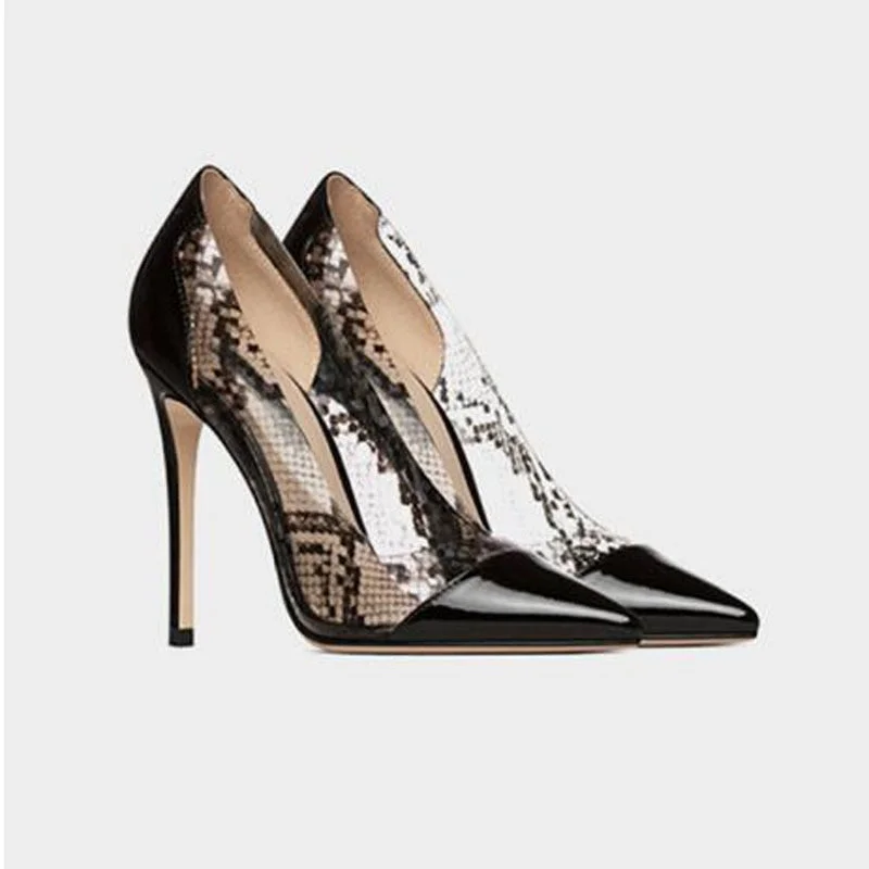 Stiletto Heel Pumps with Perfect Fit--Advbridge Sexy Ladies python PVC Patchwork Pumps Black Pointed toe  Women  Stilettos Offical Shoes Thin High Heels Mujer Zapatos Shoes-Fashionable & Classic