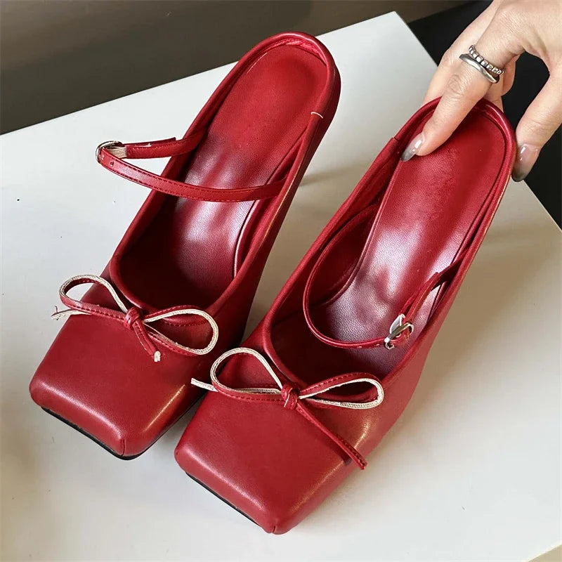 Advbridge  Spring Bowknot Square Toe Women Slippers Sexy Buckle Strap Thin High Heels Prom Mule Pumps Shoes Zapatos De Mujer---Durable Square Toe Block Heels for Everyday Use