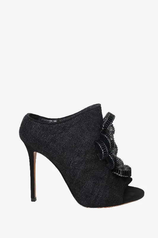 Trendy Peep Toe Platform Heels Crafted from Genuine Leather--Alaïa Black Beaded Peep Toe Heels Size 38