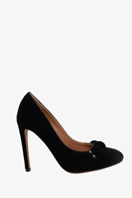 Luxurious Velvet Women's Pumps with Soft Finish---Alaïa Black Velvet Pom Studded Heels Size 38.5