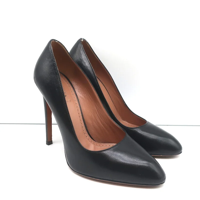 Alaia Pumps Black Leather Size 36.5 Almond Toe Heels---Comfortable Leather Pumps for Office and Everyday Wear