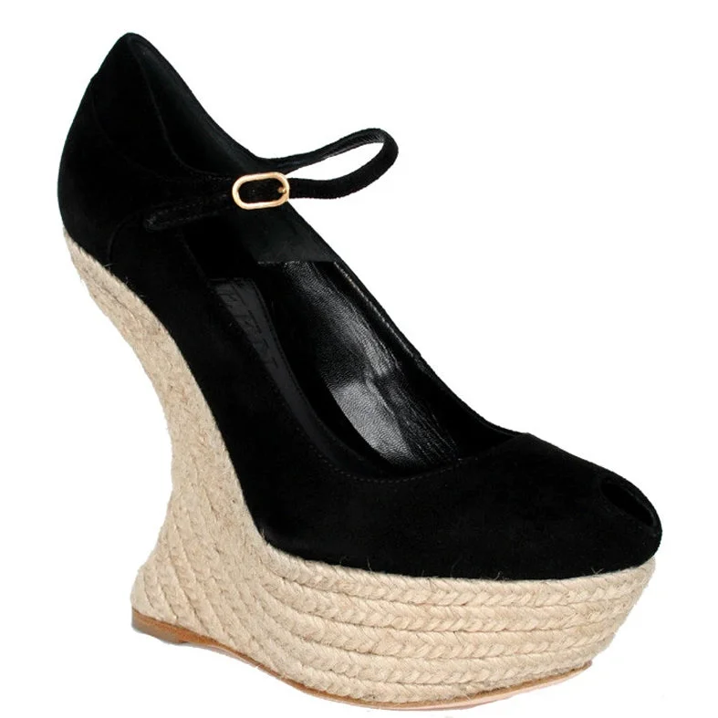 Versatile Dress Heels for Formal and Casual Wear---Armadillo Curved Espadrille Wedge, Black