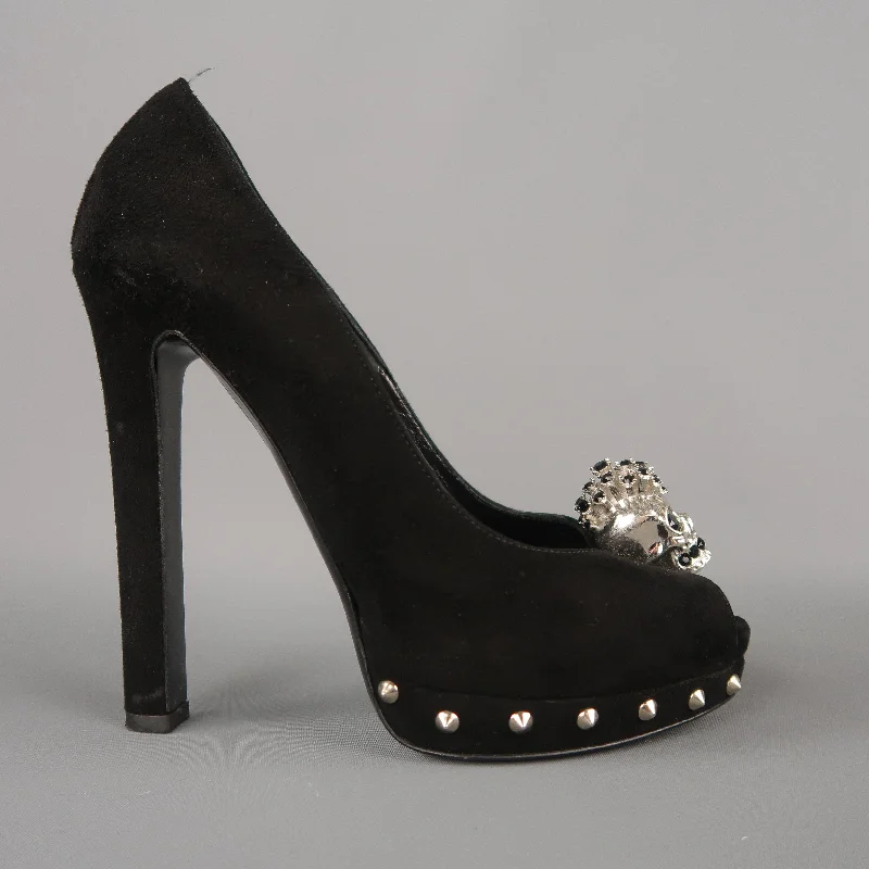 Affordable Suede Ankle Pumps for All-Day Wear--ALEXANDER MCQUEEN Size 7.5 Black Suede Spike Platform Silver Mohawk SKull Pumps