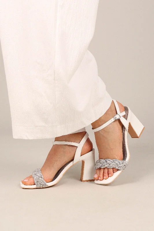 Trendy Chunky Heel Pumps for Casual Wear--Allure Rhinestone Block Heel - White