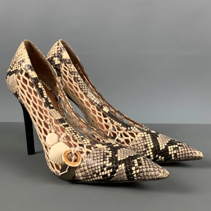 ALTUZARRA Size 11 Beige Brown Leather Embossed Snake Skin Pumps---Comfortable Leather Pumps for Office and Everyday Wear