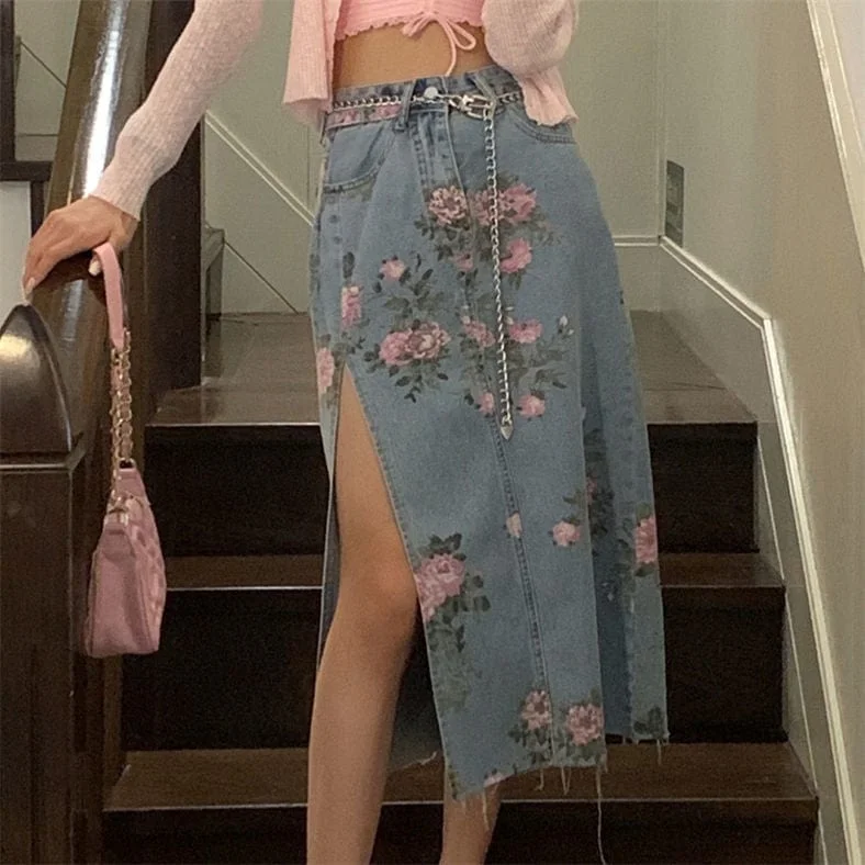 Women's denim skirts with leopard print for bold fashion -Alyssa Floral Split Denim Skirt Women's denim skirts with leopard print for bold fashion -Alyssa Floral Split Denim Skirt