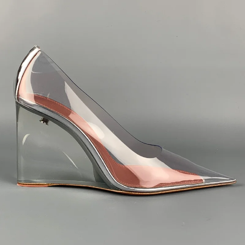 Versatile Heeled Sandals for Any Occasion---AMINA MUADDI FW 21 Size 8 Clear Silver Acetate Ane Glass Pump