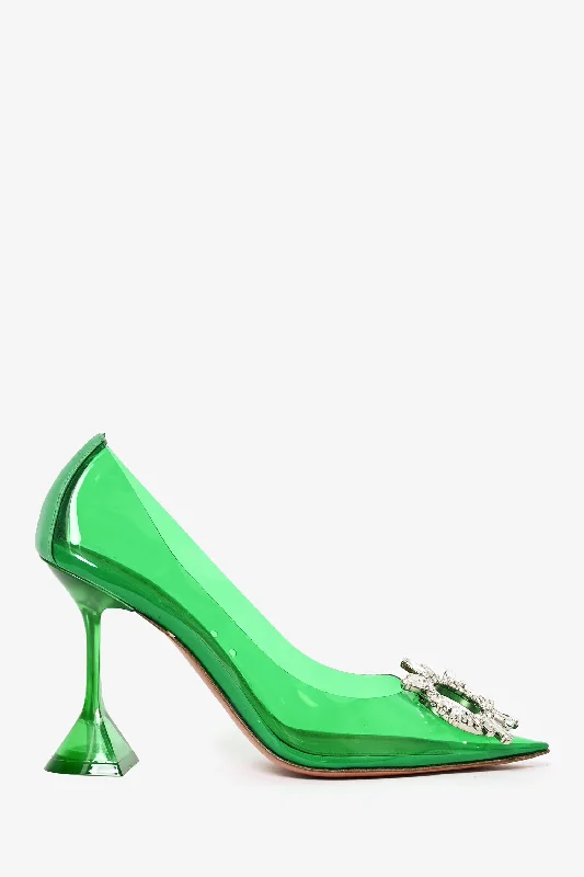 Amina Muaddi Green PVC Begum Pump Size 37---Fashionable Kitten Heels for Date Night