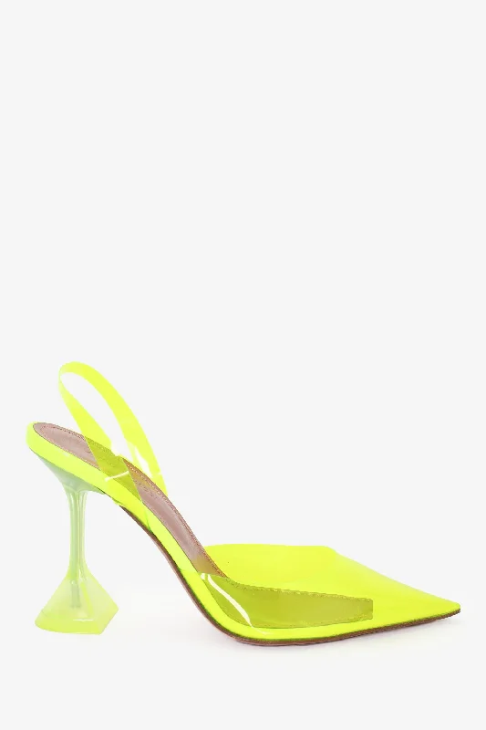 Amina Muaddi Neon Yellow Holli Glass PVC Slingback Pumps Size 37---Fashionable Kitten Heels for Date Night