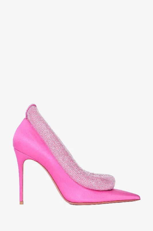 Amina Muaddi Pink Yoon Crystal Padded Satin Pumps Size 38Affordable Satin Heels with a Luxe Touch