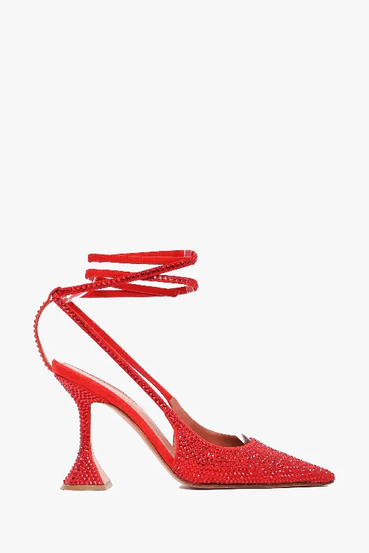 Affordable Rhinestone Pumps for a Dazzling Look---Amina Muaddi Red Crystal 'Karma' Pointed Heels Size 37