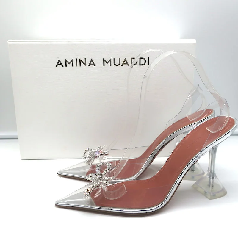 Amina Muaddi Rosie Glass Slingback Pumps Clear PVC Size 38.5 Crystal Bow Heels---Charming Bow Pumps for a Cute and Stylish Look