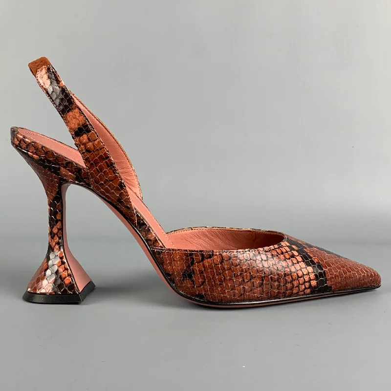 AMINA MUADDI Size 7.5 Brown Snake Skin Leather Embossed Pumps---Comfortable Leather Pumps for Office and Everyday Wear