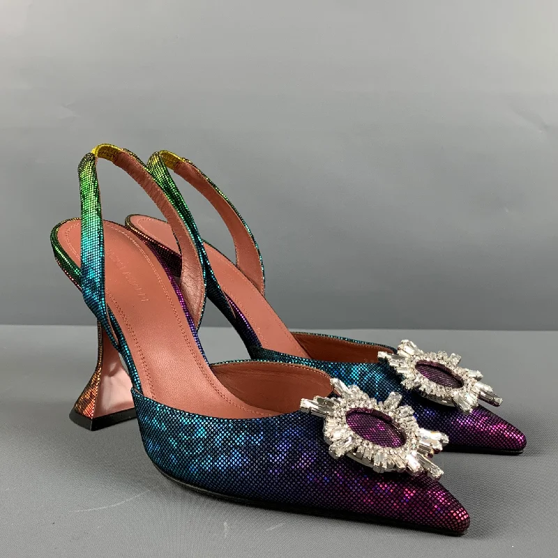 Affordable Suede Ankle Pumps for All-Day Wear--AMINA MUADDI Size 8 Multi-Color Suede Rainbow Slingback Pumps