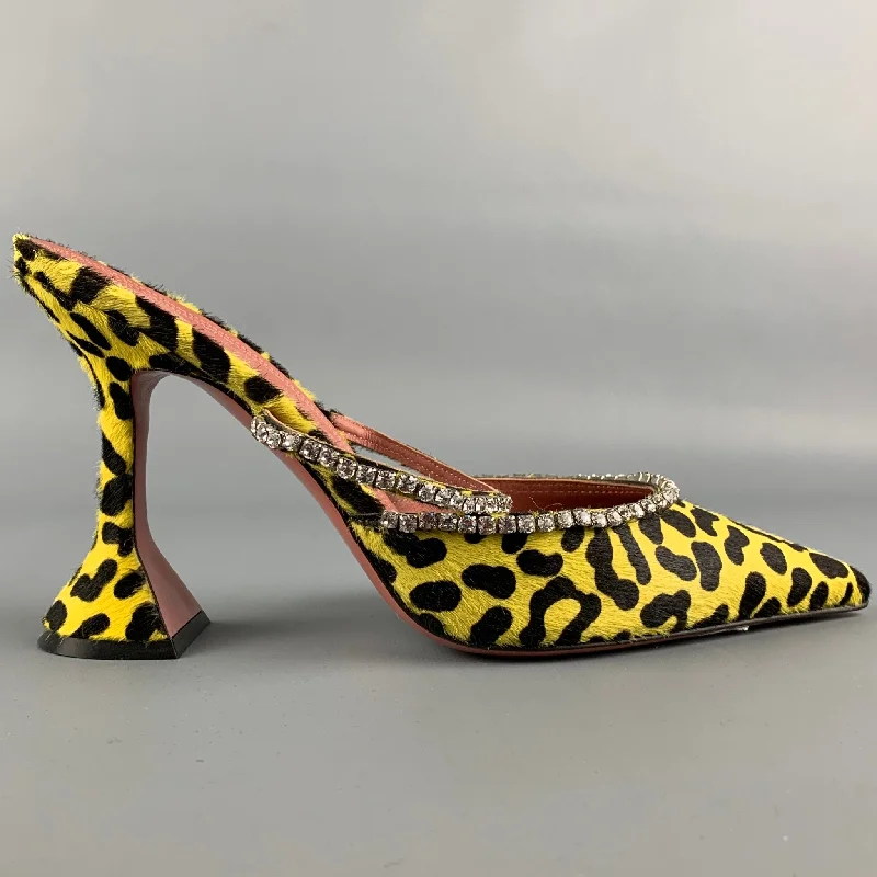 Versatile Heeled Sandals for Any Occasion---AMINA MUADDI Size 8 Yellow & Black Animal Print Pony Hair Leopard Pumps