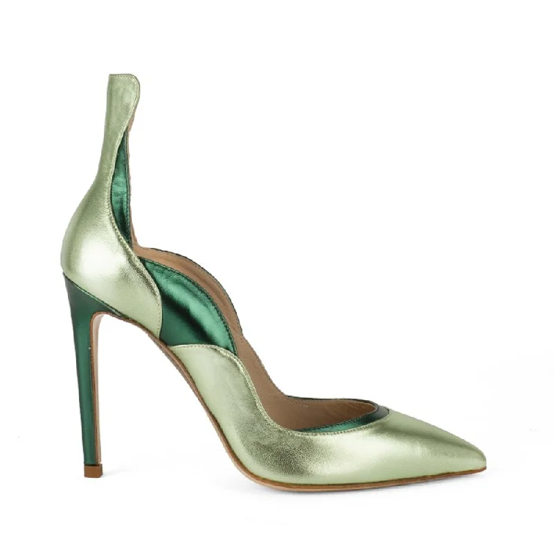 Wave Gold Green Laminated Leather Pumps---Comfortable Leather Pumps for Office and Everyday Wear