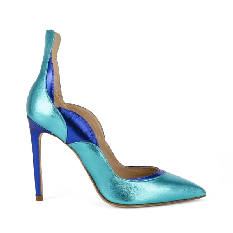 Wave Ocean Blue Laminated Leather Pumps---Comfortable Leather Pumps for Office and Everyday Wear