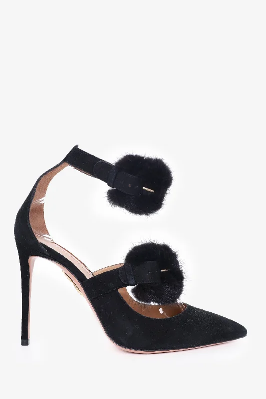 Affordable Suede Ankle Pumps for All-Day Wear--Aquazurra Black Suede/Mink Stappy Pointed Toe Heels Size 37