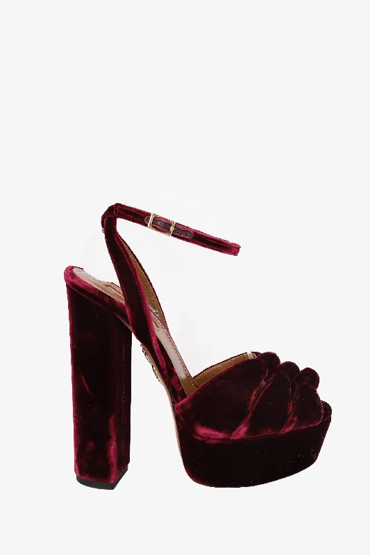 Trendy Chunky Heel Pumps for Casual Wear--Aquazzura Burgundy Velvet Mira Block Heels Size 35