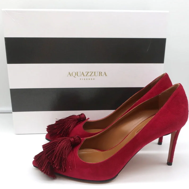 Affordable Suede Ankle Pumps for All-Day Wear--Aquazzura Love Tassel Pumps Red Suede Size 36.5 Pointed Toe Heels