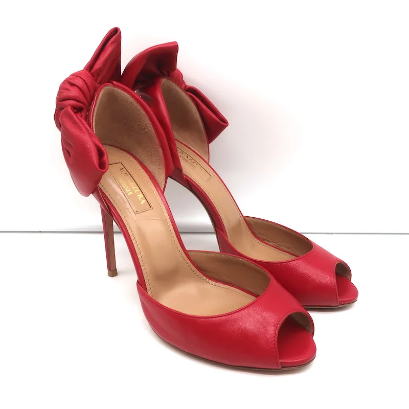 Trendy Peep Toe Platform Heels Crafted from Genuine Leather--Aquazzura Versailles d'Orsay Bow Pumps Red Leather Size 37 Peep Toe Heels