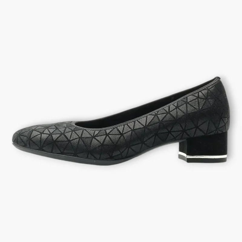 Ara Black Leather Court Shoes with Geometric Design and Silver Heel Detail---Comfortable Leather Pumps for Office and Everyday Wear