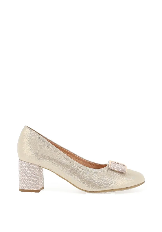 Trendy Chunky Heel Pumps for Casual Wear--Bioeco by Arka Leather Shimmer Block Heel Shoes, Beige