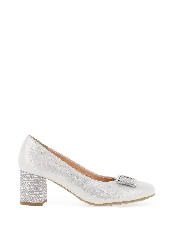 Trendy Chunky Heel Pumps for Casual Wear--Bioeco by Arka Leather Shimmer Block Heel Shoes, Silver