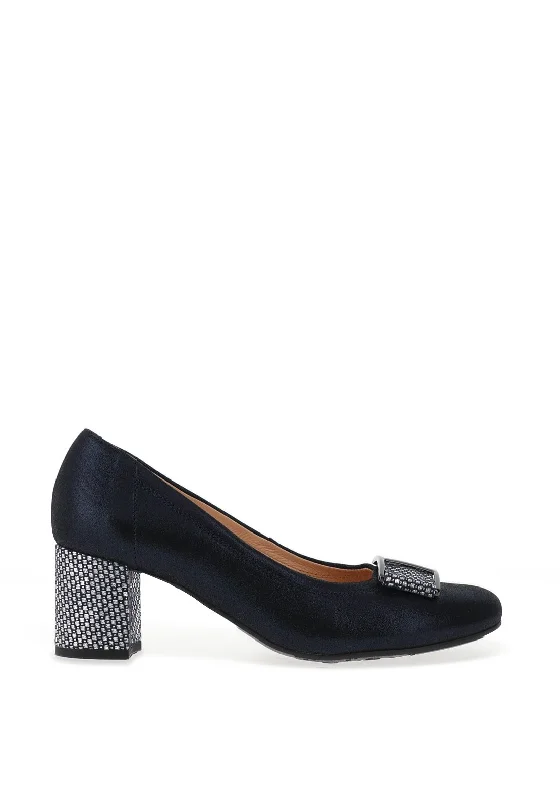 Trendy Chunky Heel Pumps for Casual Wear--Bioeco by Arka Leather Shimmer Block Heel Shoes, Navy