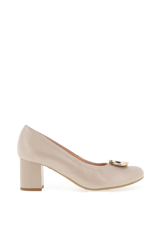 Trendy Chunky Heel Pumps for Casual Wear--Bioeco by Arka Leather Block Heel Shoes, Taupe