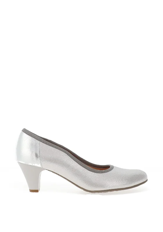 Bioeco By Arka Patterned Leather Heeled Shoe, Silver---Comfortable Leather Pumps for Office and Everyday Wear