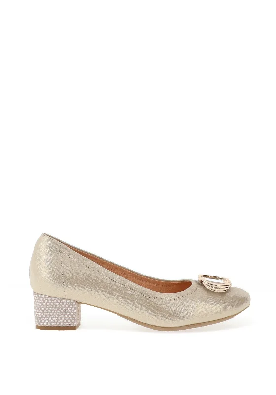 Trendy Chunky Heel Pumps for Casual Wear--Bioeco by Arka Shimmer Low Block Heel Shoes, Gold