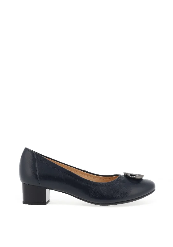 Trendy Chunky Heel Pumps for Casual Wear--Bioeco by Arka Leather Low Block Heel Shoes, Navy