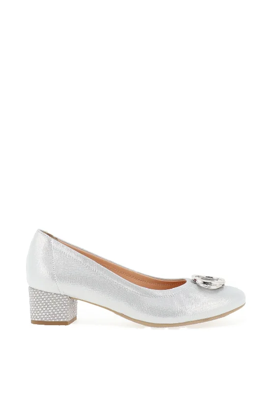 Trendy Chunky Heel Pumps for Casual Wear--Bioeco by Arka Shimmer Low Block Heel Shoes, Silver