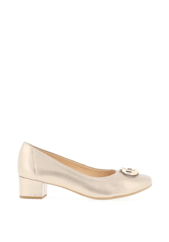 Trendy Chunky Heel Pumps for Casual Wear--Bioeco by Arka Shimmer Low Block Heel Shoes, Gold