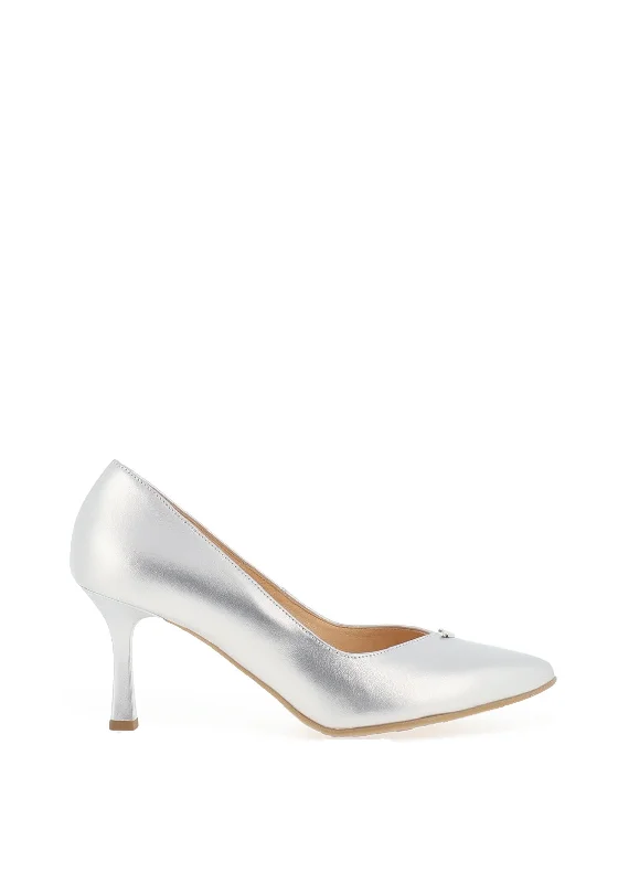 Stiletto Heel Pumps with Perfect Fit--Bioeco by Arka Leather Pointed Toe Court Shoe, Silver-Fashionable & Classic