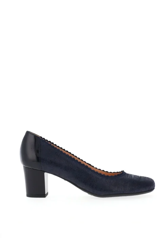 Trendy Chunky Heel Pumps for Casual Wear--Bioeco by Arka Leather Scalloped Edge Block Heel Shoes, Navy